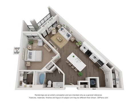 a 1 bedroom floorplan is shown with an open floor plan